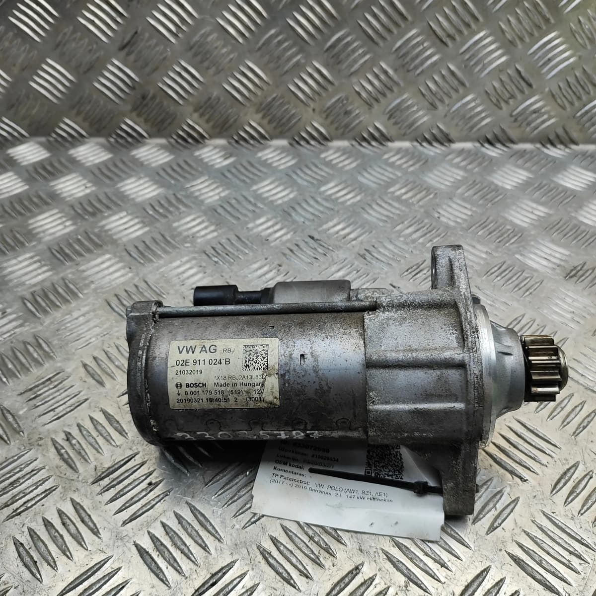 VW POLO AW GTI Starter Motor 02E911024B 2.0 Petrol 147kw 2019 33072098
